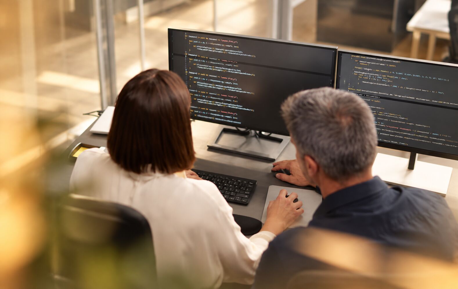 Two colleagues working at screens of code