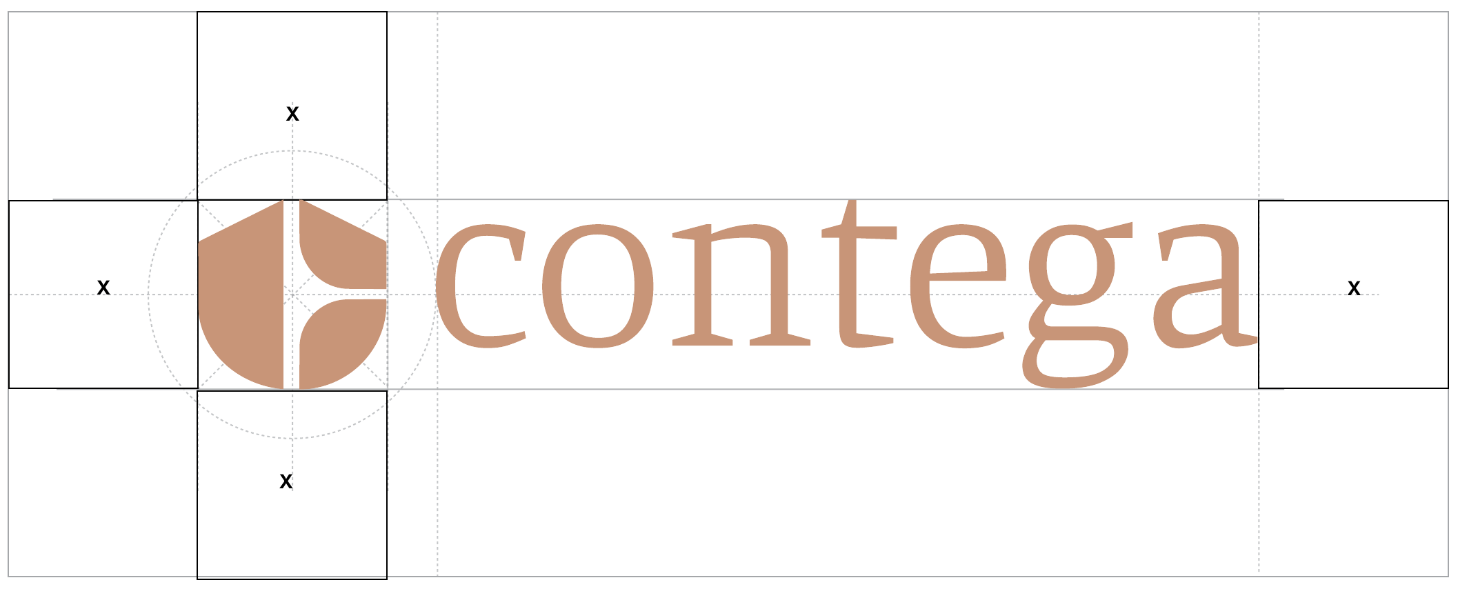 Clear-space diagram: X, the size of the shield, on all four sides of the Contega logo