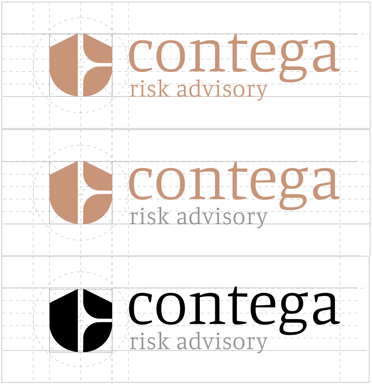 Construction grid for the Contega Risk Advisory lock-up in Clay, Clay with a grey descriptor, and black with a grey descriptor